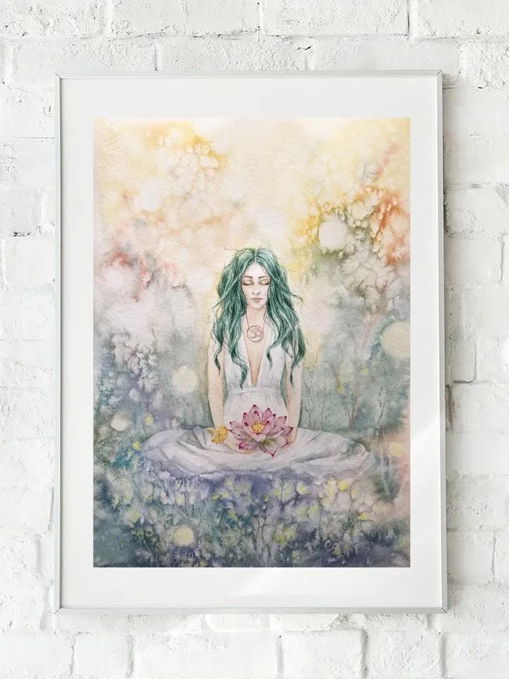Spiritual Original Painting Meditation Painting Watercolor Woman Wall Art