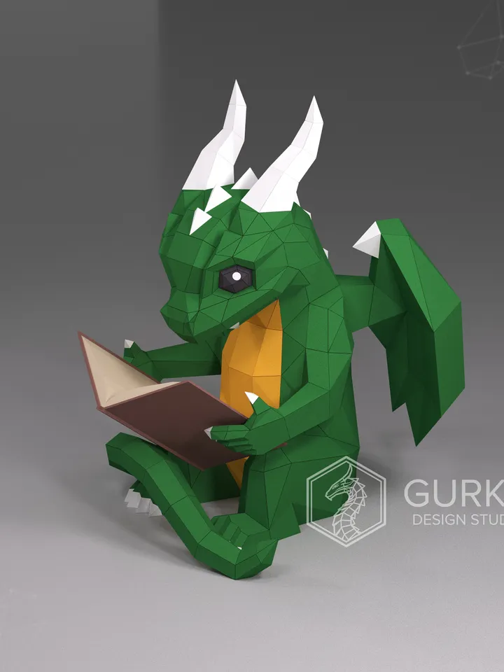 Papercraft Dragon With Book, Digital Template, PDF Download, Gurko, Low Poly, Pepakura, Origami Sculpture, Paper Party Decoration, DIY Gift