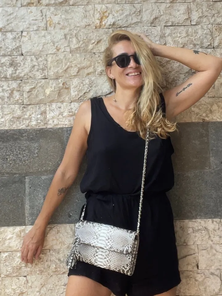 Genuine python skin classy grey flat clutch with shoulder chain | elegant evening women purse | designer leather bags | small snake bag