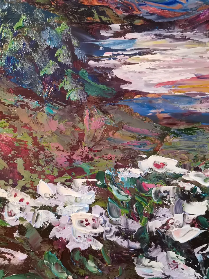 Lake Island Flowers Sunset Mountains Original Art Oil Painting impasto Artist Svinar Oksana