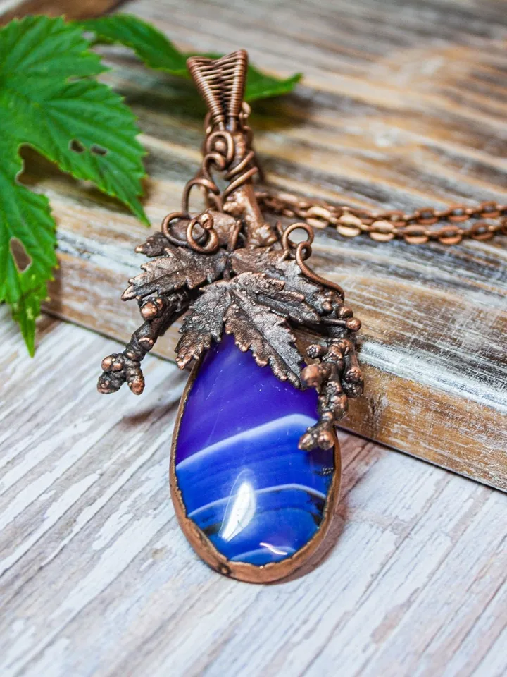 Unique handmade copper pendant made of natural leaves and twigs using the electroforming method, with a natural agate, an original gift