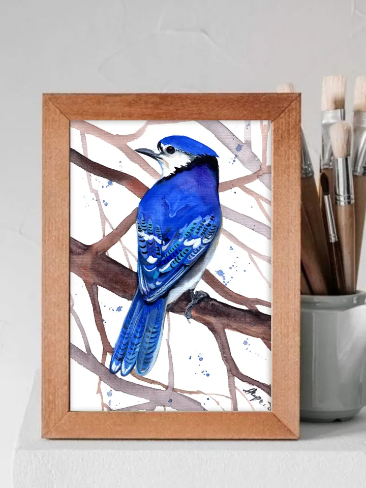 Blue Jay original watercolor, birds painting, wall decor, 7x10 in art for birds lovers by Anne Gorywine