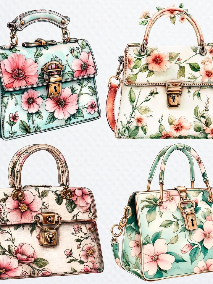 18 Floral Handbag PNG Bundle, Floral Purse, Floral Clutch, Printable Watercolor clipart for sublimation, Digital download, Paper craft