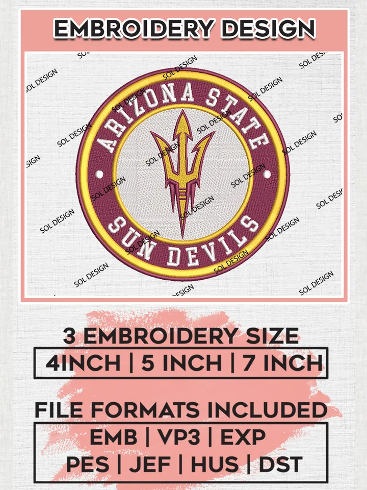 NCAA Arizona State Sun Devils Round Logo Embroidery, NCAA Arizona State Sun Devils Embroidery Design files, NCAA Teams, NCAA Machine embroidery designs, Digital Download