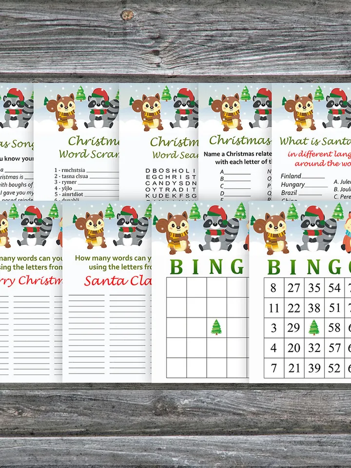 Christmas party games bundle,Printable Christmas Party Game Pack,Woodland Winter animals Christmas Trivia Game Cards