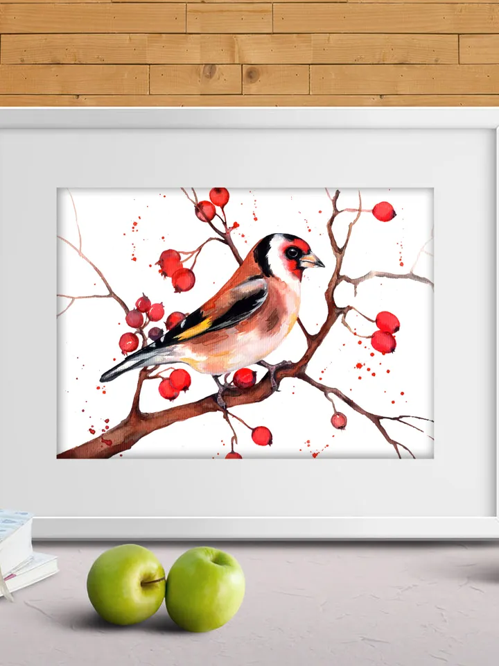 Bullfinches on a branch original watercolor, birds painting, wall decor, 7x10 in art for bird lovers by Anne Gorywine