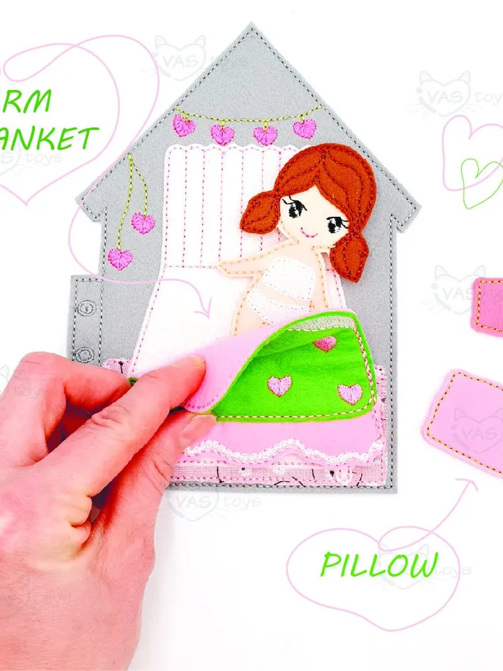 TH Dollhouse Bedroom Page Embroidery Design, Felt Quiet Book Bed Scene Pattern, 5x7 Hoop Digital File