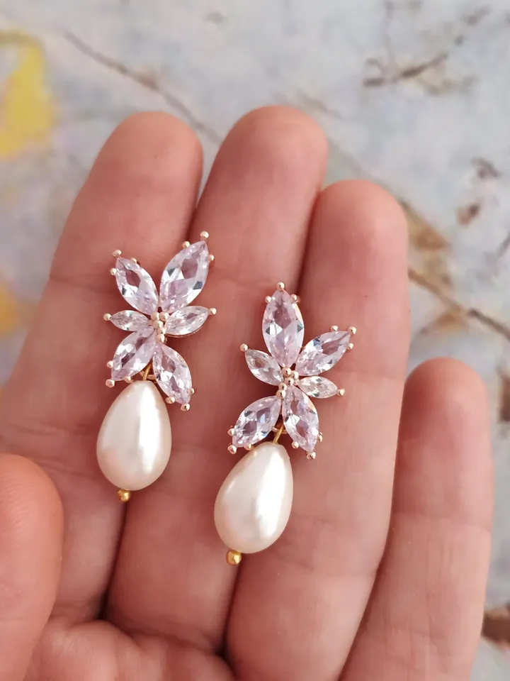 Swarovski Crystal Wedding Earrings, Pearl Bridal Earrings, Rose Gold Wedding Earrings, Vintage Style CZ Wedding Jewelry For Bride Gift