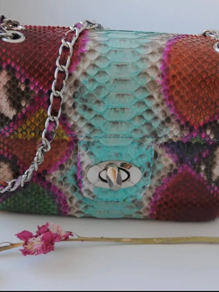 Genuine Python Skin crossbody bag blue multicolour | Adjustable Chain Classy Elegant Crossbody Small Lady Summer Bag | Python Purse