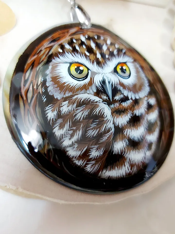 Russian jewelry pendant: Brown Snow owl painted on pearl necklace • Stylish folk art on handmade jewelry • Soviet Fedoskino style lacquer
