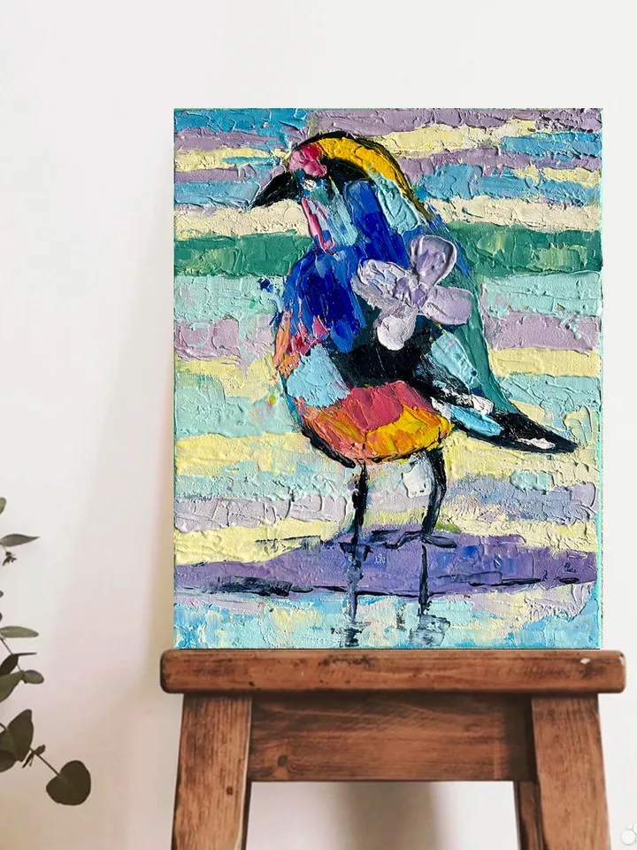 Seagull painting, Original bird oil painting on canvas, Wildlife wall art, Small animal artwork