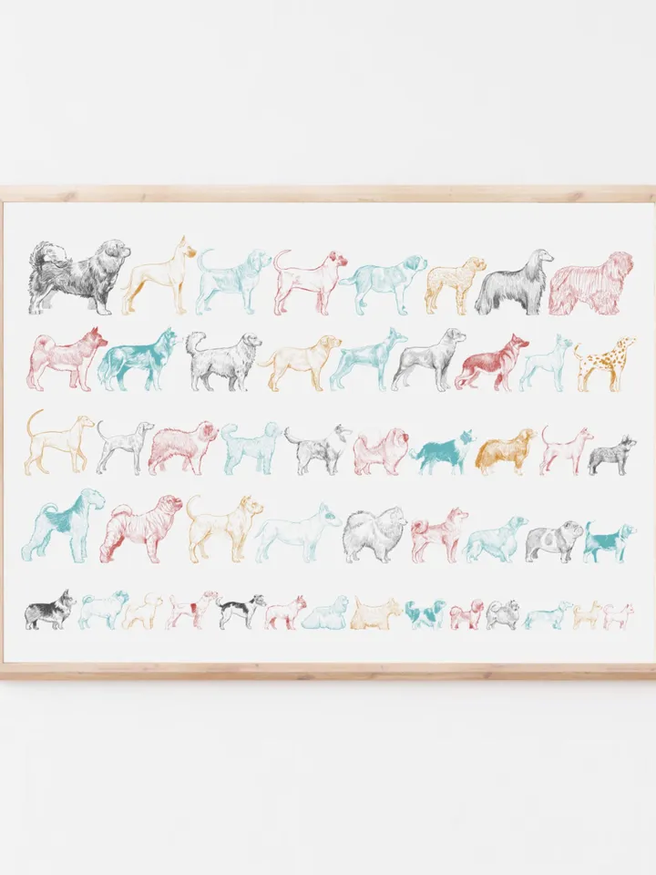 Vintage Dog Breeds Art Print: Colorful Hand-Drawn Sketches (Digital Download)