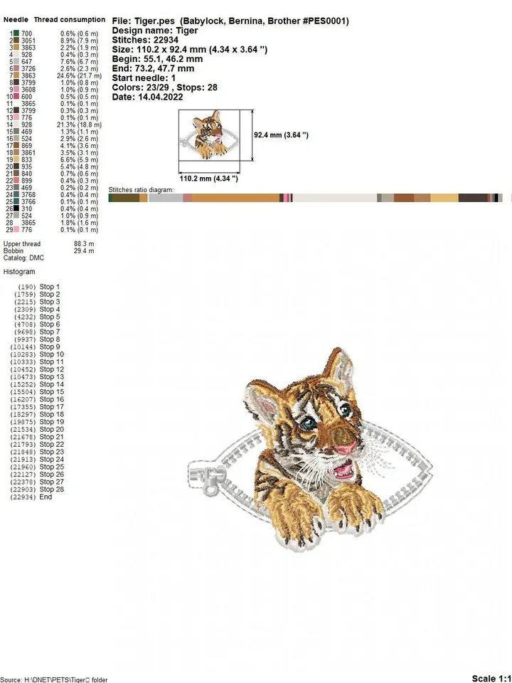 Tiger cub in a zipper pocket Miniature realistic machine embroidery design Pet design tiger realistic pattern tiger cub embroidery motif