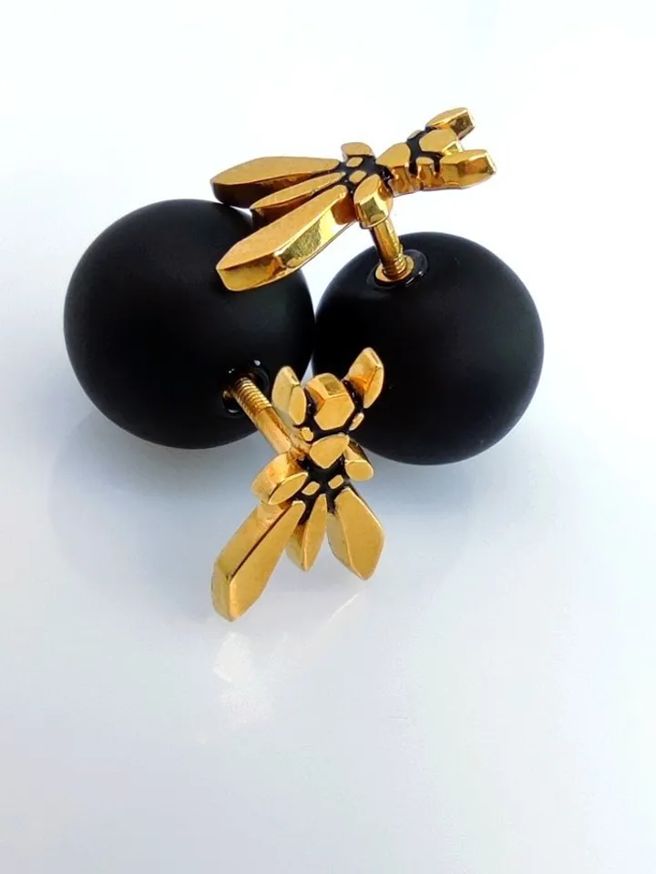 Golden Bee Stud Earrings with Obsidian