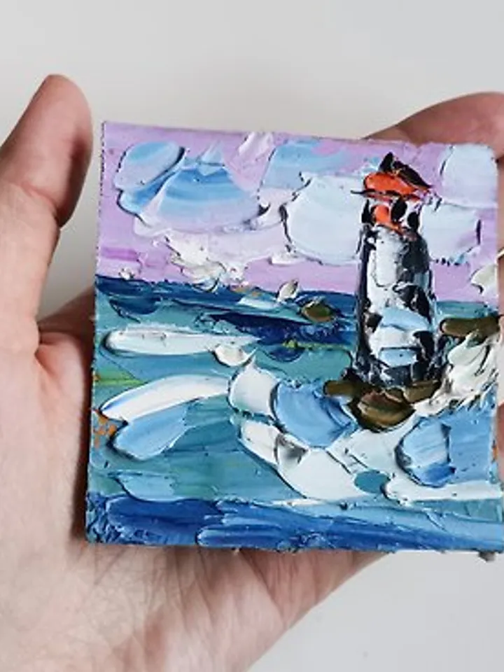 Lighthouse Painting Ocean Original Art Small Impasto Oil Painting by Verafe