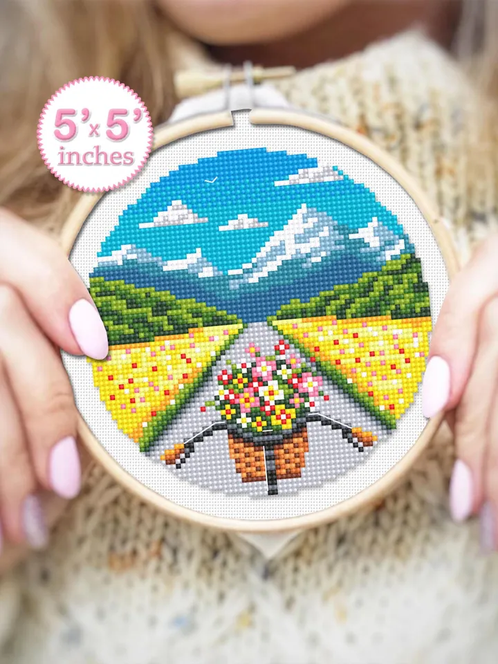 Bicycle with flowers cross stitch pattern PDF download Mountain landscape cross stitch chart Nature pattern digital, Flower basket bike #L13