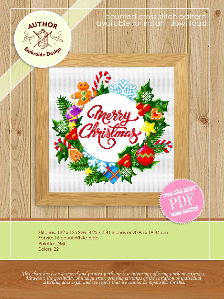 Merry Christmas cross stitch pattern download PDF Winter wreath cross stitch chart Christmas pattern digital Holiday embroidery PDF #N21