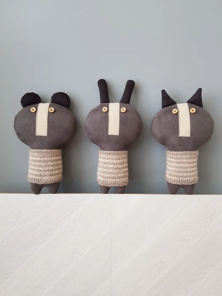 Animal dolls patterns PDF Rabbit, Cat and Bear in sweaters, set of 3 digital tutorials, stuffed animals sewing diy