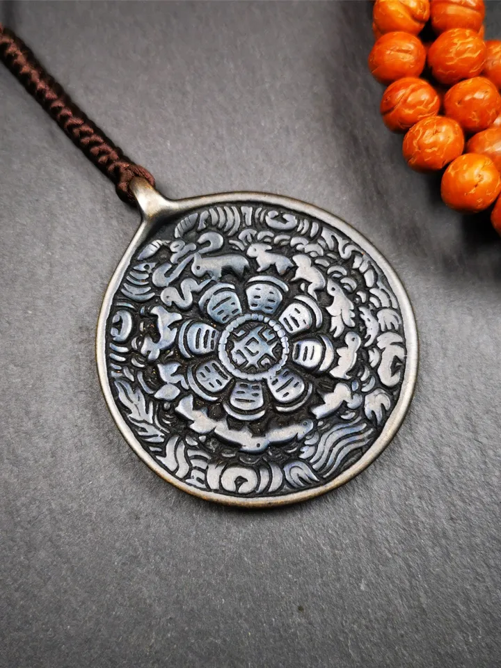 Gandhanra Vintage Tibetan Buddhist Calendar Badge,Melong Mirror, SIPAHO Amulet,made of Lima Brass, 1.77"