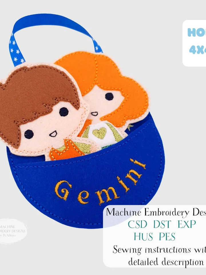 ITH Gemini Twins Finger Puppets & Bag Embroidery Design, Zodiac Star Sign Toy Set, 4x4 Hoop Christmas Ornament