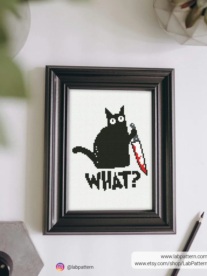 Black Cat Knife meme Cross stitch pattern, What meme, Funny, animals, beginner counted, modern chart, gift DIY, embroidery, instant PDF