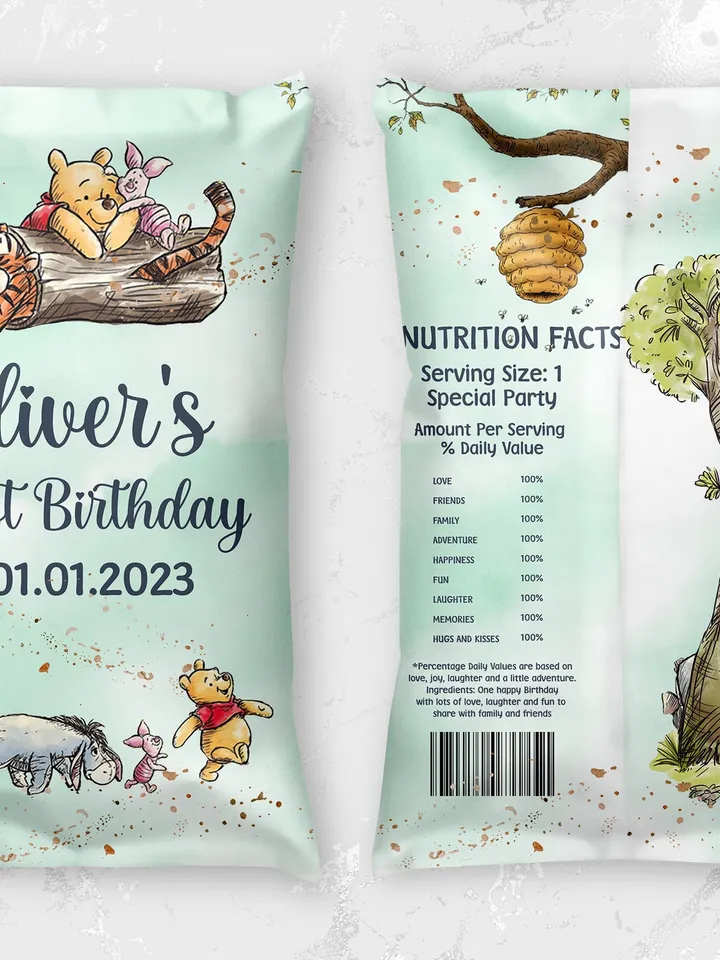 Editable Chips Label Hundred Acre Wood First Birthday party chips label; Winnie the Pooh Party; Classic Pooh Party Birthday ; wp5
