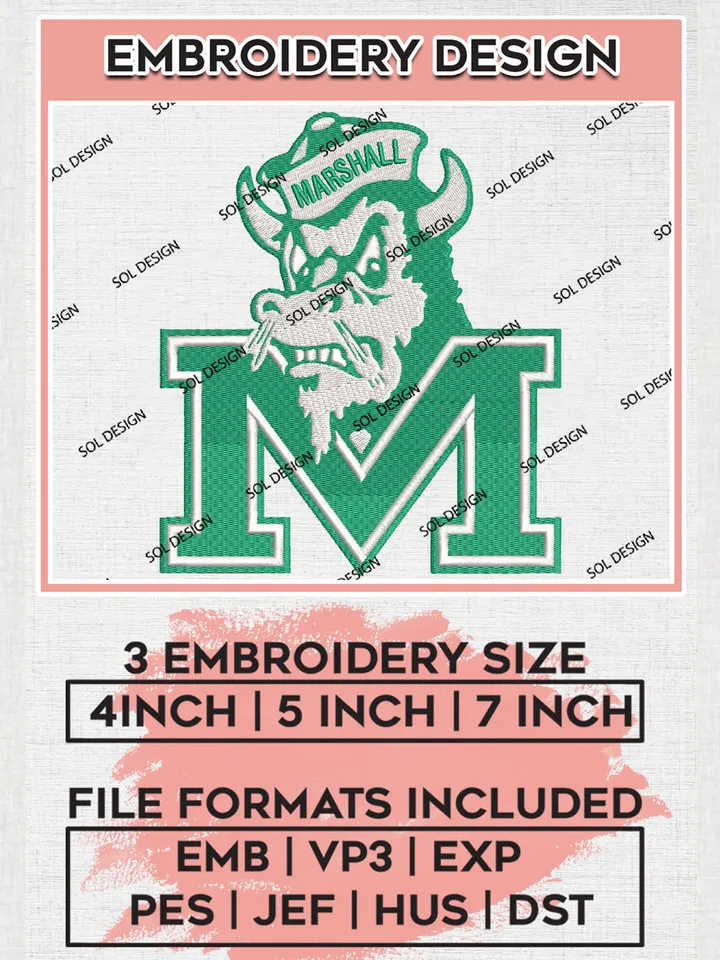 NCAA Marshall Thundering Herd Team Logo Embroidery Design Files, NCAA Marshall Thundering Herd Machine Embroidery, NCAA Teams, Game Day, 3 sizes, NCAA Machine embroidery designs, Digital Download