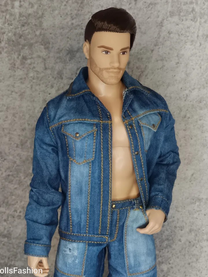 Ken's Distressed Denim Jacket and Cargo Jeans with Large Patch Pockets (for Ken with an athletic body)