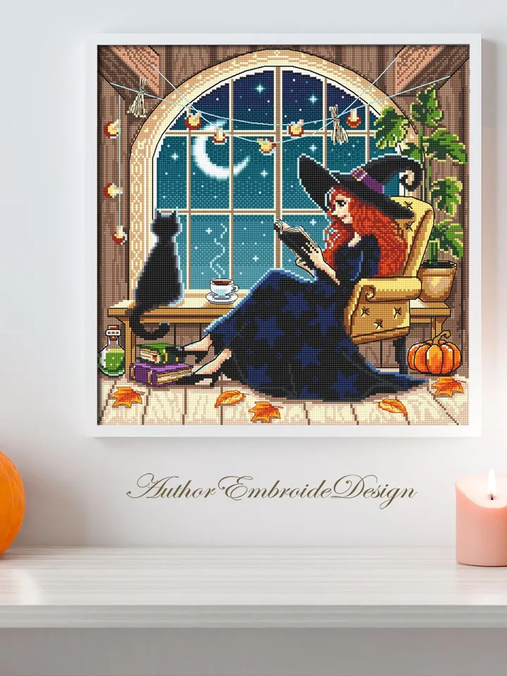 Reading witch cross stitch pattern PDF download Witch home cross stitch chart, Halloween witch pattern digital PDF, Cozy fall window #H88