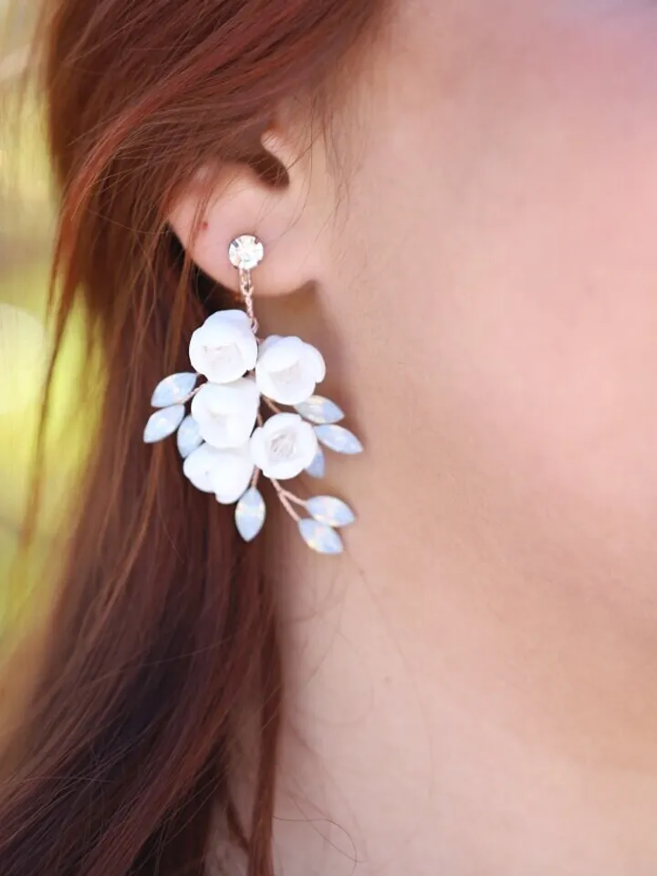 Opal Bridal Earrings, Delicate Porcelain Flower Wedding Earrings, Boho Wedding Earrings, Floral Wedding Earrings
