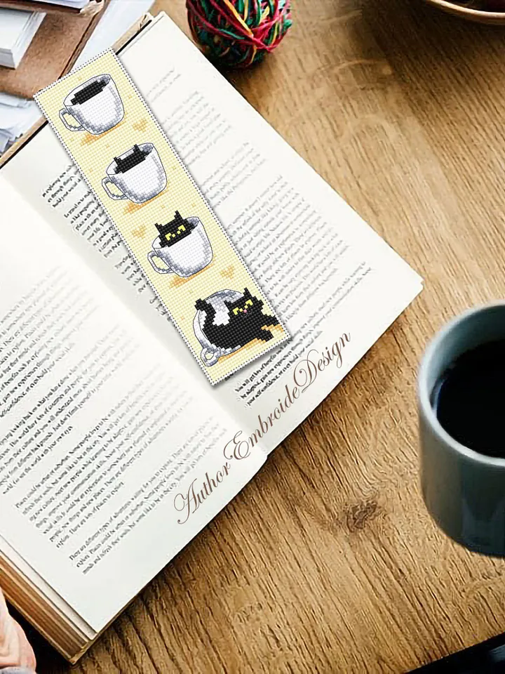 Cat bookmark cross stitch pattern download PDF Black cat cross stitch chart, Funny bookmark digital pattern PDF, Cat cup embroidery #B318