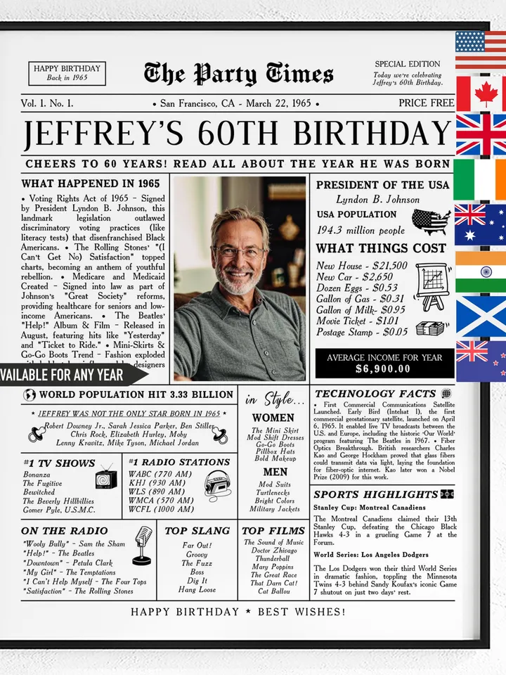 60th Birthday Newspaper Poster, 60th Birthday Gift for Dad or Husband, 1965 Birthday Sign, 60 Years Ago Back in 1965