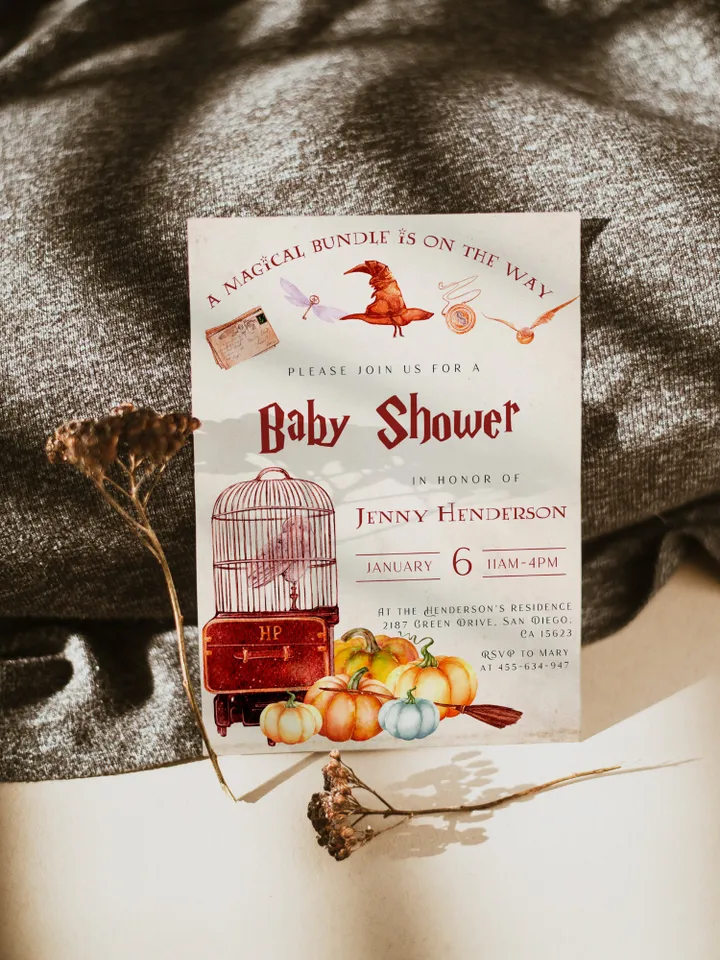 Wizard Baby Shower; Magic School Baby Shower; Pumpkin Harvest Invitation; Autumn Wizard World Baby Shower; Fall; Editable template canva;