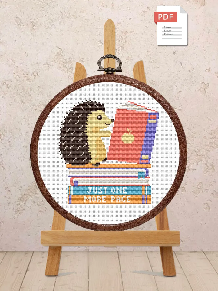 Just One More Page Cross Stitch Pattern, Hedgehog Cross Stitch Pattern, Books Cross Stitch Pattern, Books Patterns #qt001