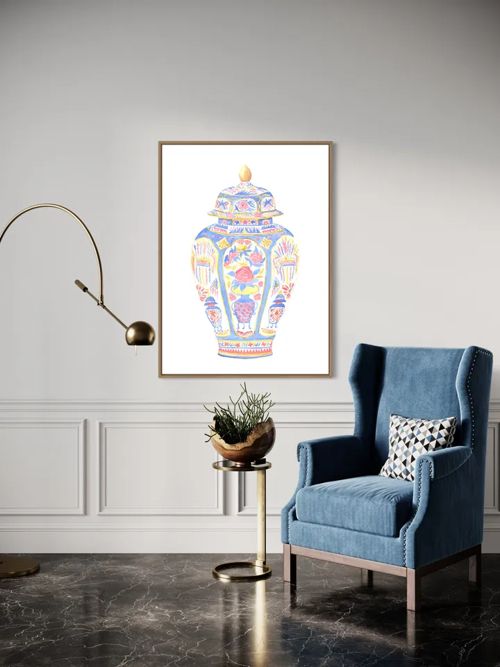 Blue Chinoiserie Vase Watercolor Painting, Pink Ginger Jar Art, Chinoiserie Chic Art, Hamptons Style, Vintage Chinoiserie, Charleston Art