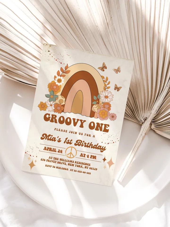 Groovy One Baby Editable Any Age Pink Groovy Van Daisy Rainbow Hippie Birthday Invitation Let's get Groovy 1st Birthday Invitation ; gr5