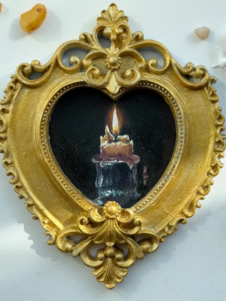 Candle Oil Painting Original In Vintage Style Frame Small Framed Still Life Art Victorian Wall Decor