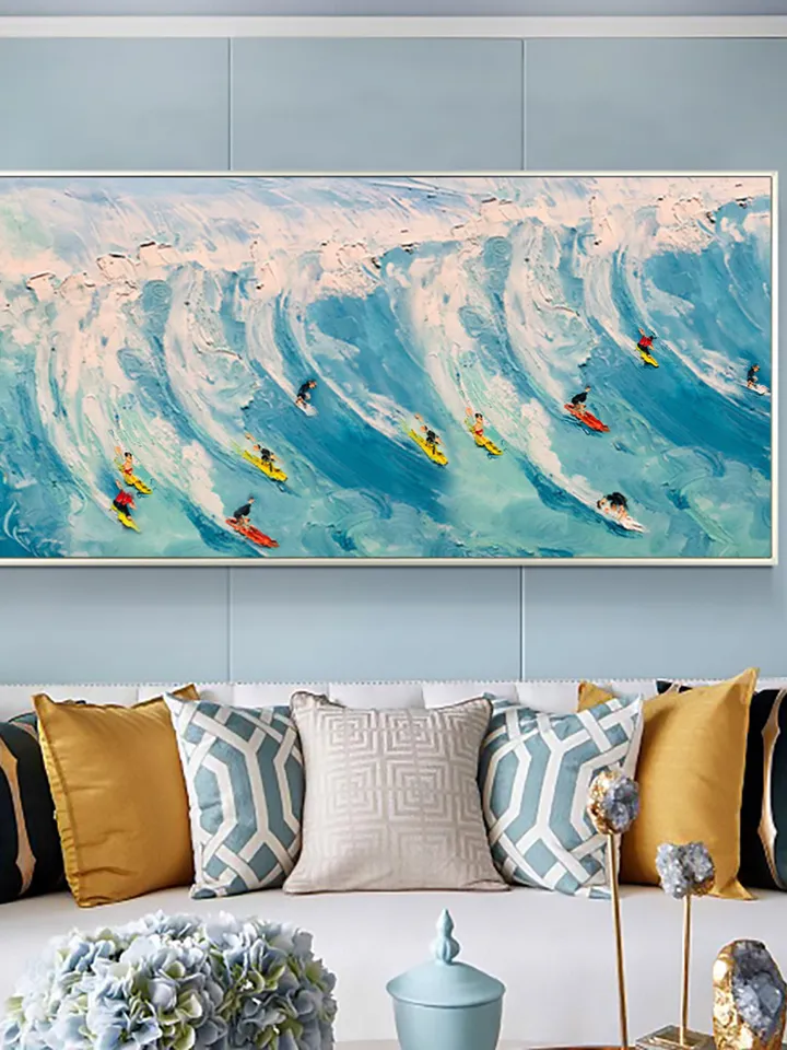 Original Surf Painting on Canvas Custom Painting Texture Wall Art Personalized Gift Blue Ocean Waves Nature Scenery Art Bedroom Wall Decor