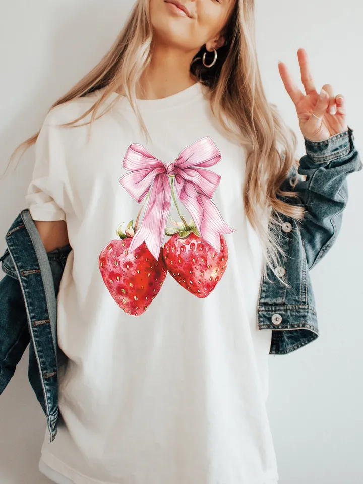 Strawberry Bow Png, In my strawberry era, Cherry coquette bow png soft girl era aesthetic png Trendy Cherry png coquette shirt design cherry