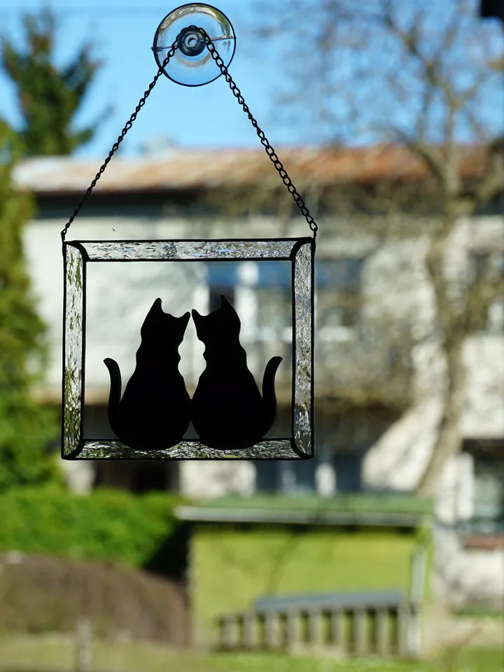 Two Black Cats in Frame Stained glass window hanging Suncatcher . Gift for animal lover , pet loss memorial