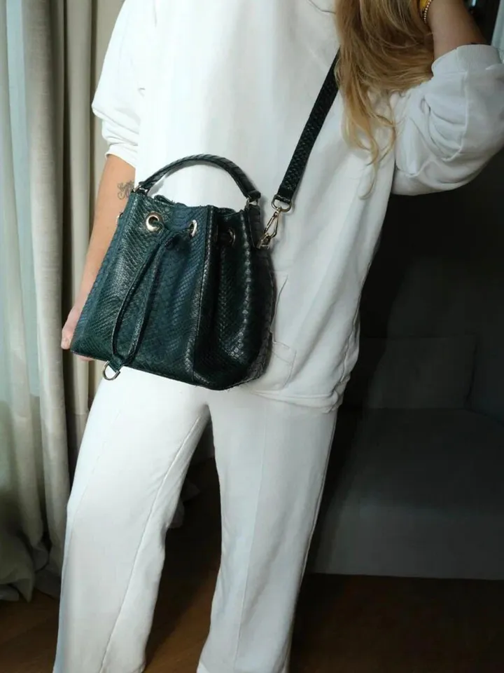 Genuine python skin dark green bucket crosshandle bag/ designer women purse | classy elegant rossbody bag | exotic leather bags | gift idea