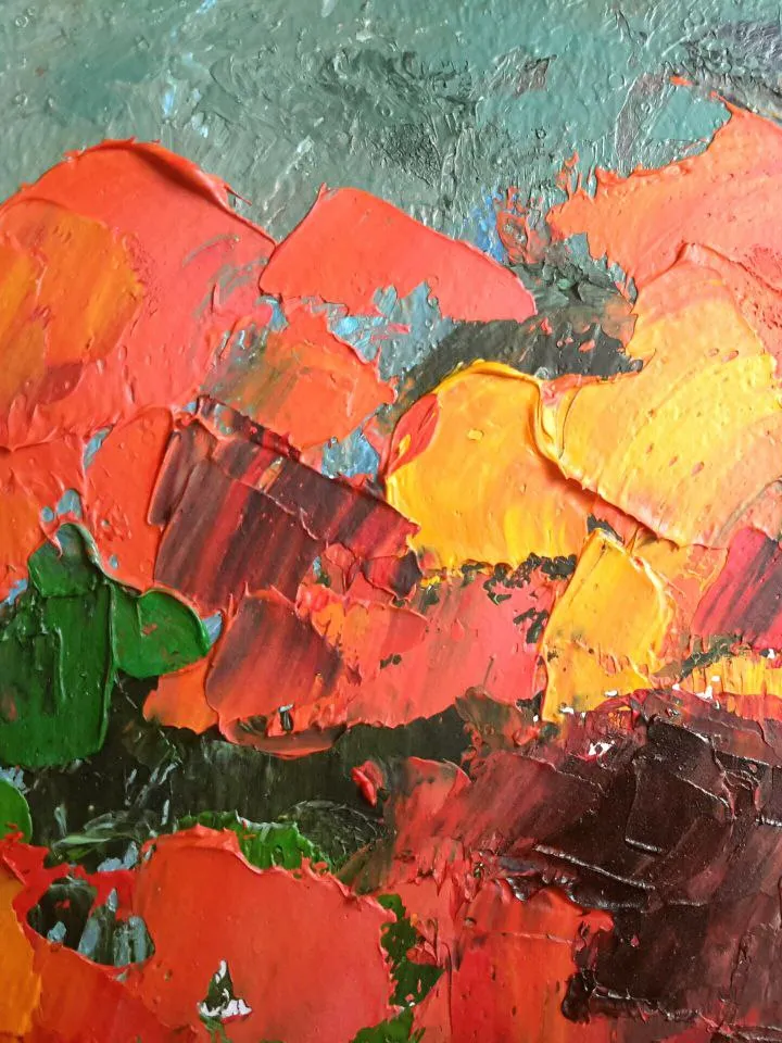 Abstract Poppies In A Vase Impasto Original Oil Painting Flowers Artwork