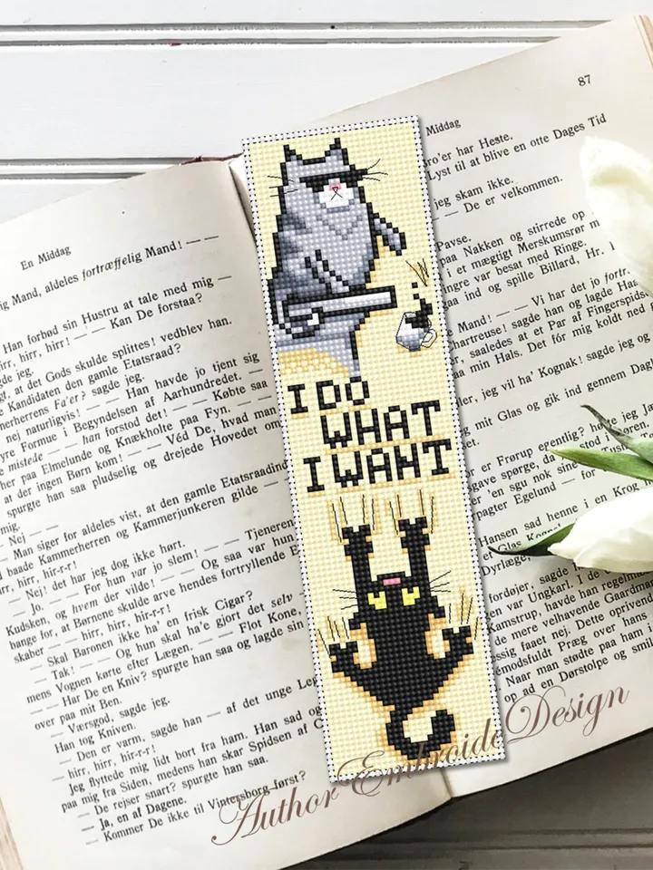 Cat bookmark cross stitch pattern download PDF Black cat cross stitch chart, Funny bookmark digital pattern PDF, Cat quotes embroidery #B322