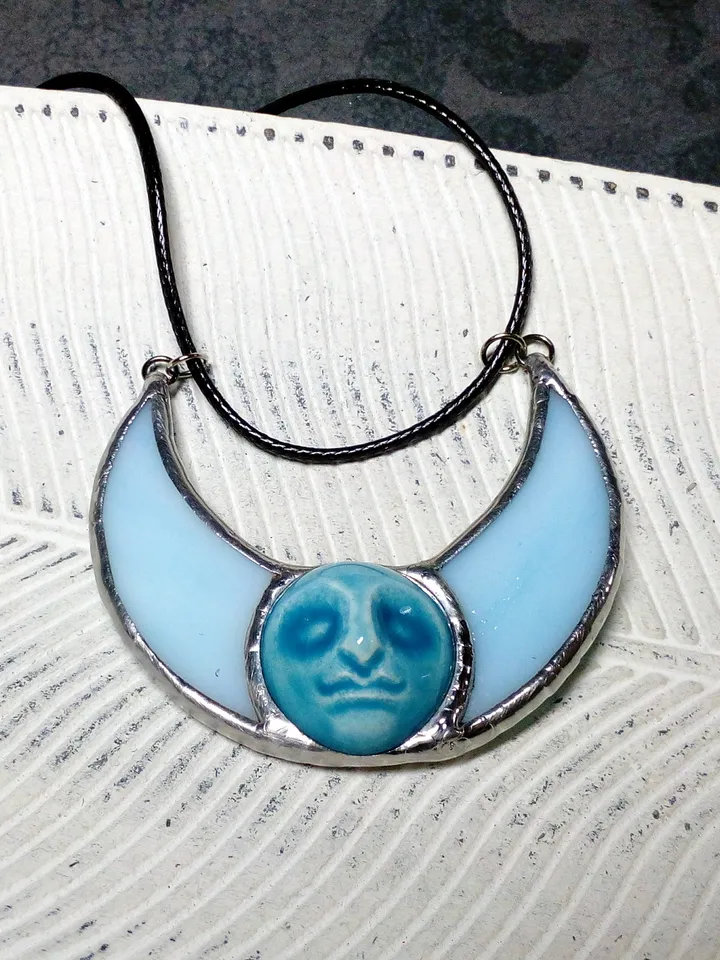 Stained glass blue moon, moon phase necklace, stainglass crescent, full moon pendant, moon face