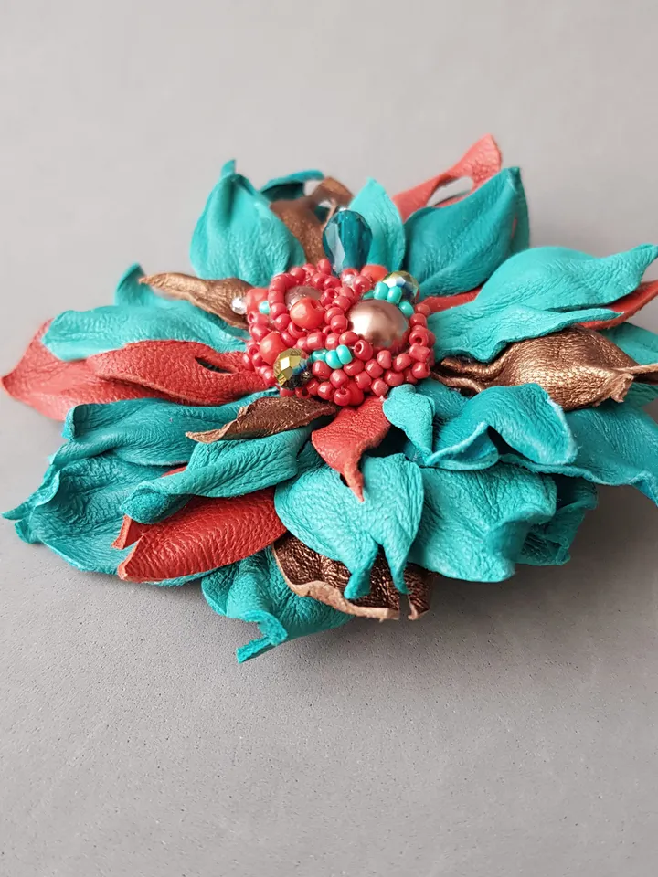 Turquoise leather brooch for her , 3rd anniversary gift for wife, Leather women's jewelry