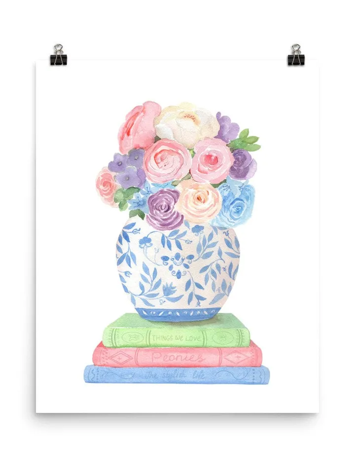 Chinoiserie Book Illustration Print, Watercolor Painting, Book Lover Gift, Book Stack Decor, Ginger Jar Print, Chinoiserie Wall Art, Bouquet