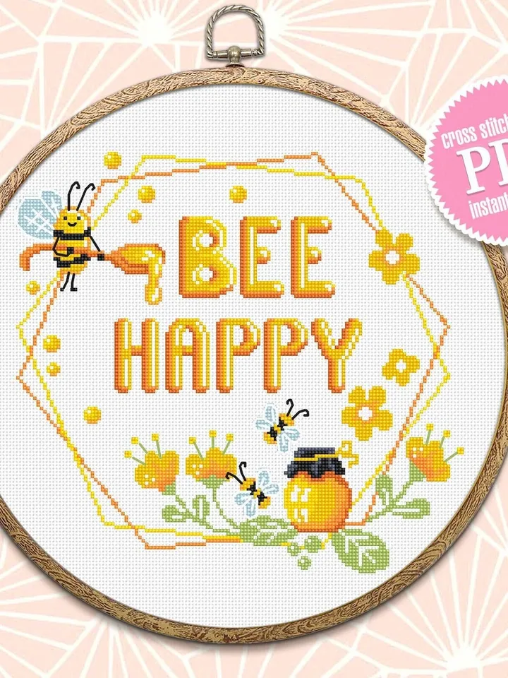 Honey bee cross stitch digital PDF pattern Bee Happy cross stitch Quote Floral wreath xstitch chart Easy begginers embroidery Bee decor #Q47
