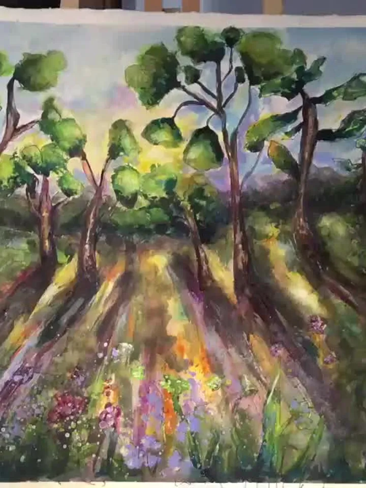 Fantasy landscape original watercolour painting,trees and flower fields on sunset,home decoration,wall hanging,gift.