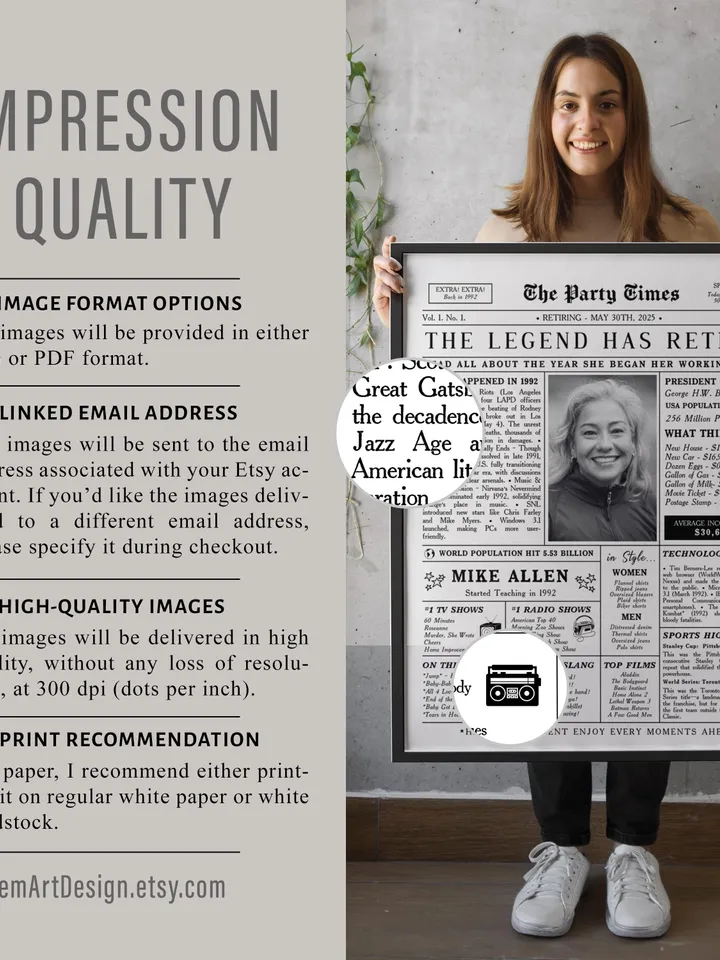 Retirement Newspaper Poster for Women, Unique Retirement Gift Printable, Retirement Decor Sign, Personalized Digital Download