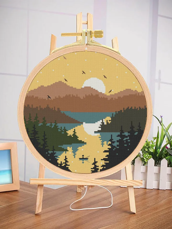 Nature cross stitch pattern download PDF Mountain landscape cross stitch Sunset xstitch chart Wildlife pattern digital PDF Lake xstitch #L30